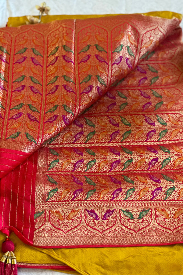 Yellow Satin Weaving with Multicolor Border Saree