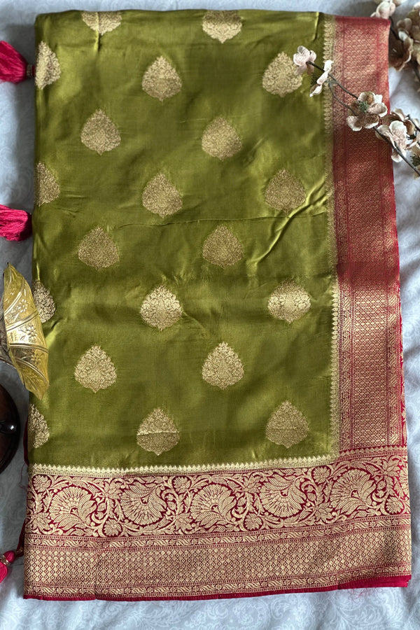 Green Satin Weaving with Red Border Saree