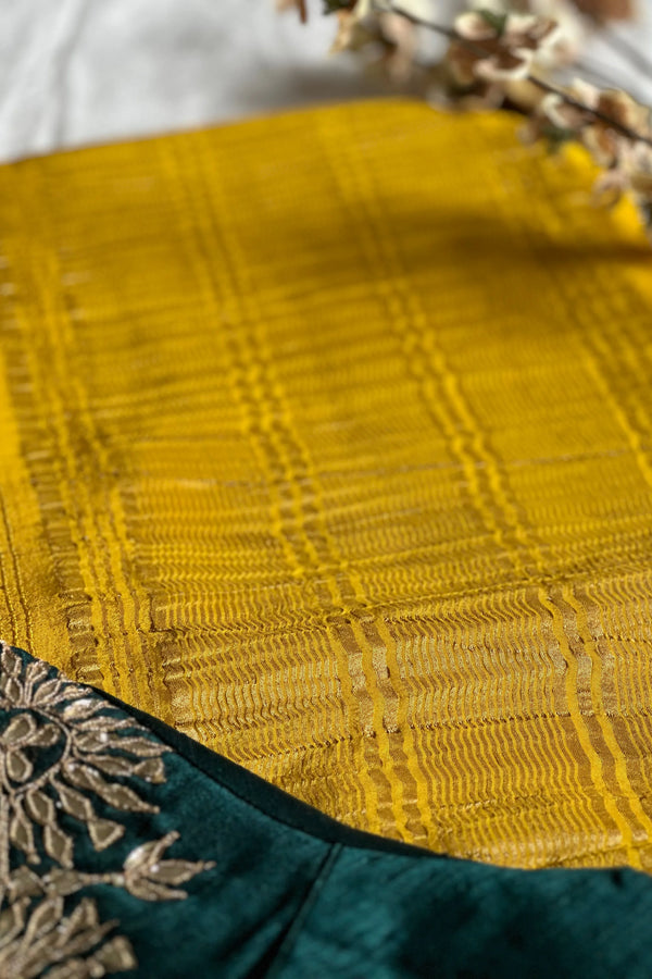 Yellow with Green Blouse Chinnon Saree