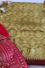 Green with Red Blouse Viscose Dola Saree