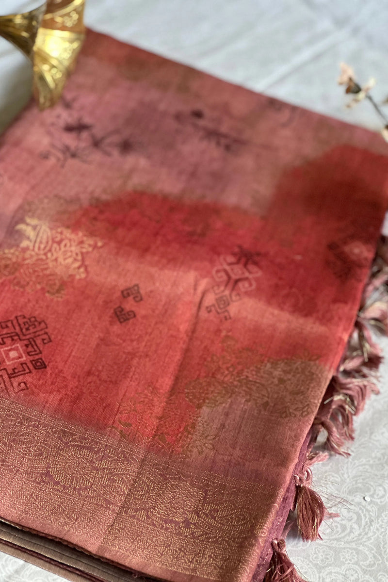 Pink Rangkat Placement prints on Cotton Linen
