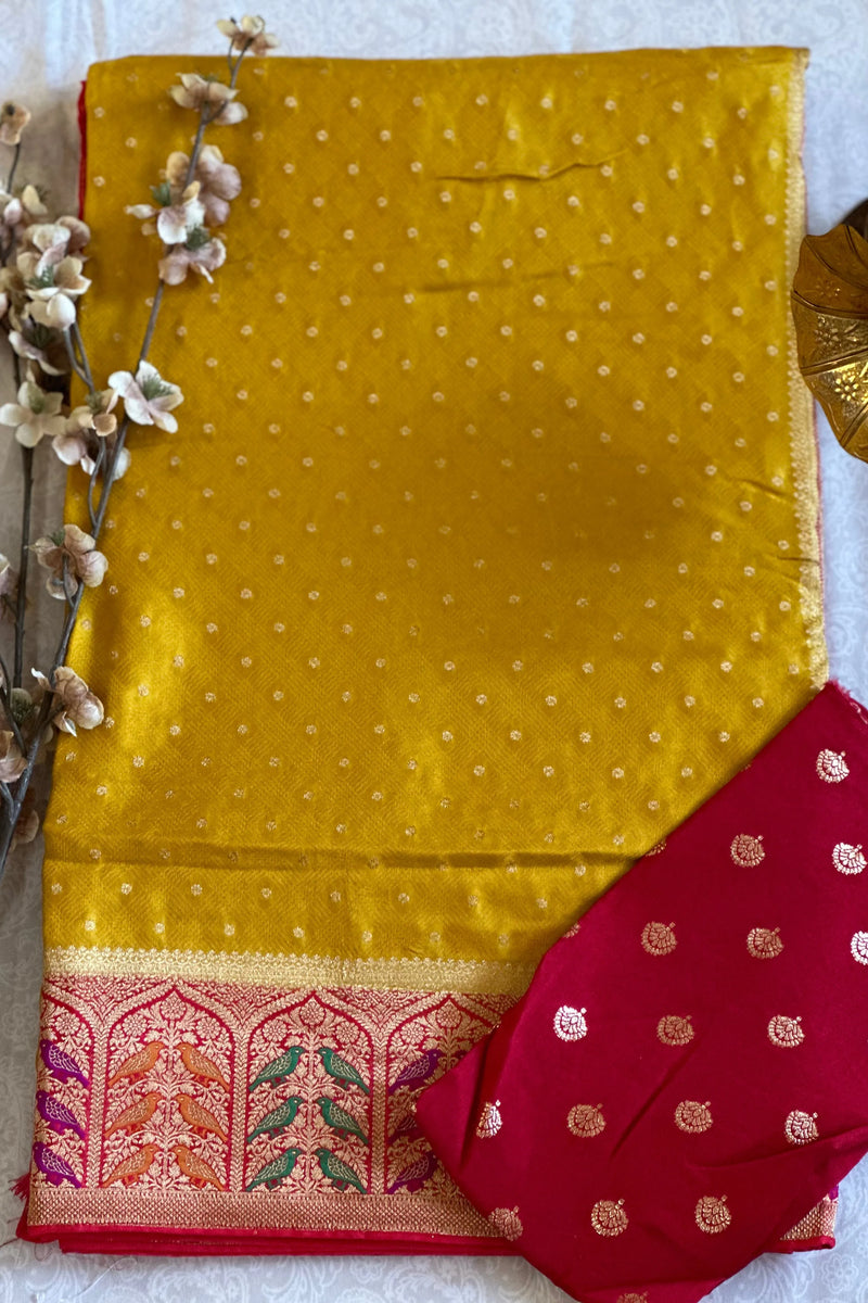 Yellow Satin Weaving with Multicolor Border Saree