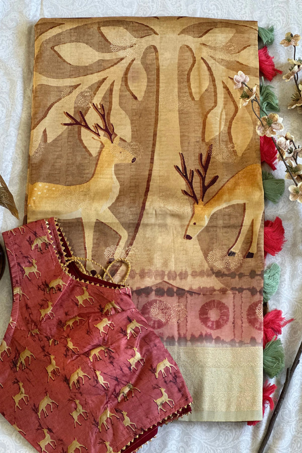 Brown with Pink Mithila Silk with Madhubani Weaving