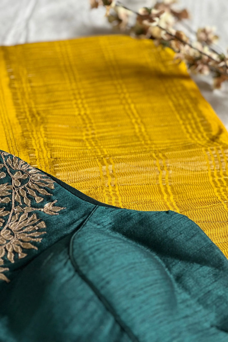 Yellow with Green Blouse Chinnon Saree