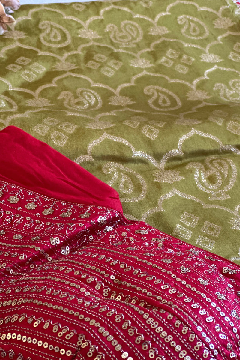 Green with Red Blouse Viscose Dola Saree