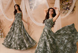 Vasundhara Fashions bottle green organza long gown with floral digital print and elegant sleeveless design