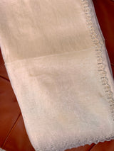 Vasundhara Fashions cream tissue saree with delicate silver embroidered border on a brown leather background