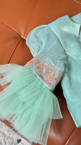 Vasundhara Fashions mint green crepe saree blouse sleeve with intricate floral embroidery and layered tulle cuffs