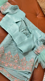 Vasundhara Fashions green crepe fancy saree with intricate floral embroidery and a matching stitched blouse