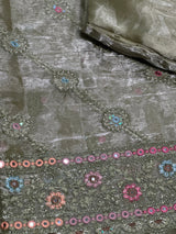 Vasundhara Fashions green organza saree featuring intricate floral embroidery with pink and blue sequin detailing