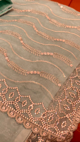 Vasundhara Fashions green organza saree featuring intricate rose gold sequin embroidery and a scalloped border.