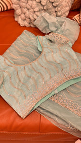 Vasundhara Fashions light green organza saree with intricate silver sequin wave embroidery and a matching blouse