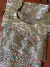 Vasundhara Fashions green organza saree featuring intricate floral embroidery and a matching designer blouse.