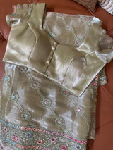 Vasundhara Fashions green organza saree with intricate floral embroidery and matching stitched designer blouse.