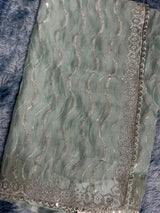 Vasundhara Fashions green organza saree featuring intricate silver sequin wave embroidery and a decorative border.