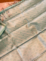 Vasundhara Fashions light green Kanchipuram pattu silk saree featuring intricate silver zari peacock motif patterns.