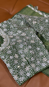 Vasundhara Fashions green crush Russian silk saree blouse featuring intricate silver sequin and bead floral embroidery