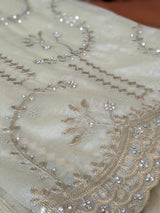 Vasundhara Fashions green tissue saree featuring intricate gold embroidery and sparkling crystal embellishments