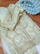 Vasundhara Fashions light green tissue saree featuring intricate gold embroidery and delicate sequin detailing.