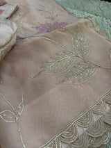 Vasundhara Fashions Kora embroidery saree in dusty pink with intricate gold thread leaf motifs and scalloped borders