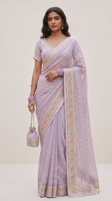 Vasundhara Fashions lavender chiffon saree with intricate multi-colored floral Chikankari embroidery and sequin work