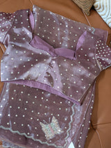 Vasundhara Fashions lavender organza saree with silver sequin polka dots and a detailed butterfly embroidery motif.