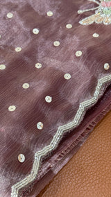 Vasundhara Fashions lavender organza saree with silver sequin polka dots and a decorative beaded zigzag border