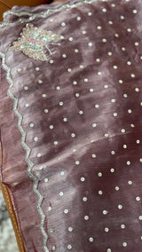 Vasundhara Fashions lavender organza saree with silver sequin polka dots and intricate butterfly embroidery border