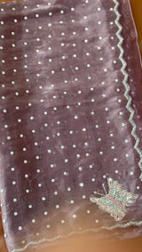 Vasundhara Fashions lavender organza saree featuring silver sequin polka dots and an embroidered butterfly motif