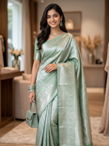 Vasundhara Fashions mint green Kanchipuram pattu silk saree with silver zari floral motifs and matching handbag