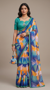 Vasundhara Fashions abstract multicolor chiffon saree with geometric patterns, paired with a teal blouse and matching bag