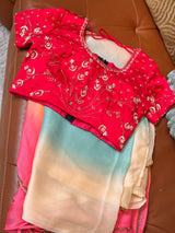Vasundhara Fashions multicolor organza saree paired with a vibrant red embroidered blouse featuring floral motifs