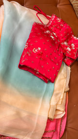 Vasundhara Fashions multicolor organza saree paired with a vibrant red embroidered silk blouse featuring gold details