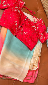 Vasundhara Fashions multicolor organza saree with a vibrant red embroidered blouse featuring intricate floral motifs