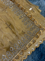 Vasundhara Fashions mustard organza saree featuring intricate silver sequin embroidery and a scalloped lace border.