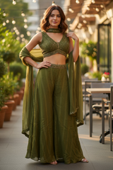 Vasundhara Fashions olive green sleeveless crop top and wide-leg palazzo set with vertical detailing and matching dupatta