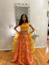 Vasundhara Fashions orange organza croptop lehenga with digital floral print and a decorative swirl dupatta
