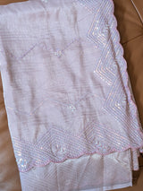 Vasundhara Fashions light pink and purple organza saree with intricate sequin embroidery and scalloped edges