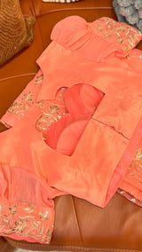 Vasundhara Fashions peach chiffon saree featuring intricate gold sequin embroidery on the blouse and border