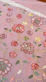 Vasundhara Fashions pink Chikankari saree featuring intricate floral embroidery with delicate sequin detailing.