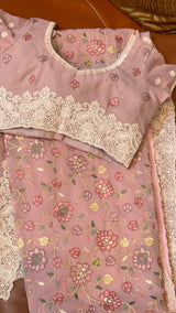 Vasundhara Fashions pink Chikankari saree with intricate floral embroidery and a matching stitched blouse.