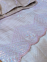 Vasundhara Fashions light pink organza saree featuring intricate scalloped edges with shimmering sequin embroidery