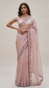 Model wearing a Vasundhara Fashions pink organza saree with intricate sequin embroidery and scalloped border detail.