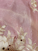 Vasundhara Fashions soft tissue saree in dusty pink featuring intricate cream resham cutwork floral embroidery