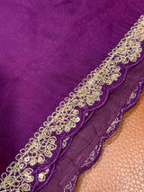 Vasundhara Fashions purple saree featuring intricate gold thread embroidery and scalloped sequin border detail