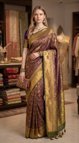 Vasundhara Fashions deep purple mix pattu silk saree with intricate gold zari floral weaving and wide ornate border