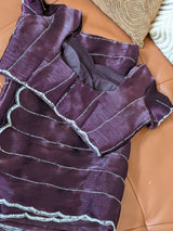Vasundhara Fashions purple organza saree with silver horizontal lines and a scalloped beaded border with matching blouse