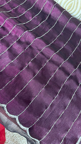 Vasundhara Fashions purple organza saree with horizontal silver lines and a scalloped beaded border
