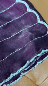 Vasundhara Fashions purple organza saree with silver horizontal lines and a scalloped beaded border