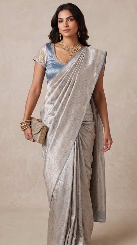 Vasundhara Fashions silver Kanchipuram pattu silk saree with intricate zari work worn by a model with a matching clutch